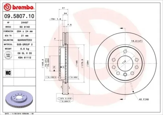 Bremsscheibe Vorderachse BREMBO 09.5807.10 Bild Bremsscheibe Vorderachse BREMBO 09.5807.10
