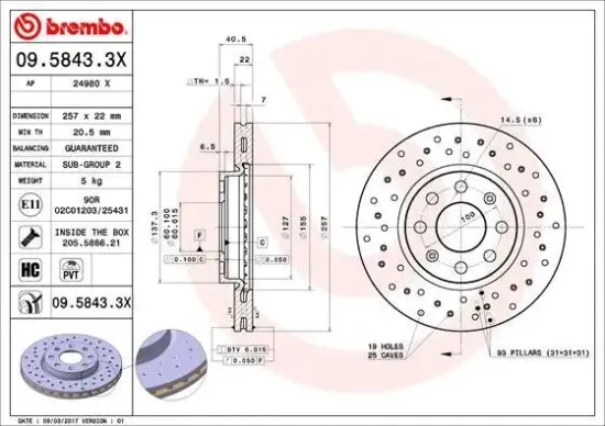 Bremsscheibe Vorderachse BREMBO 09.5843.3X Bild Bremsscheibe Vorderachse BREMBO 09.5843.3X