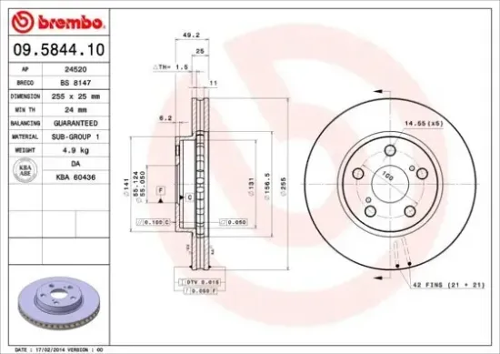 Bremsscheibe Vorderachse BREMBO 09.5844.10 Bild Bremsscheibe Vorderachse BREMBO 09.5844.10