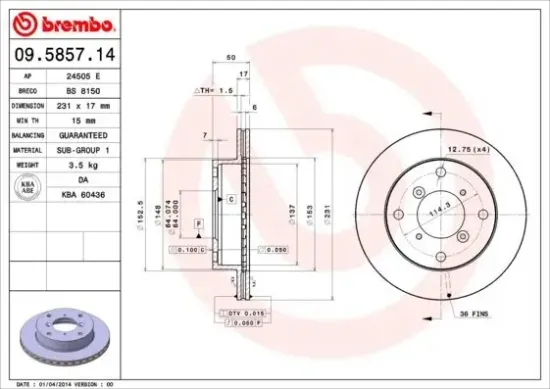 Bremsscheibe BREMBO 09.5857.14 Bild Bremsscheibe BREMBO 09.5857.14