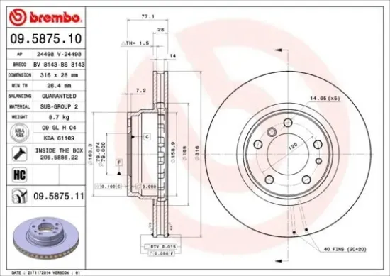 Bremsscheibe Vorderachse BREMBO 09.5875.11 Bild Bremsscheibe Vorderachse BREMBO 09.5875.11