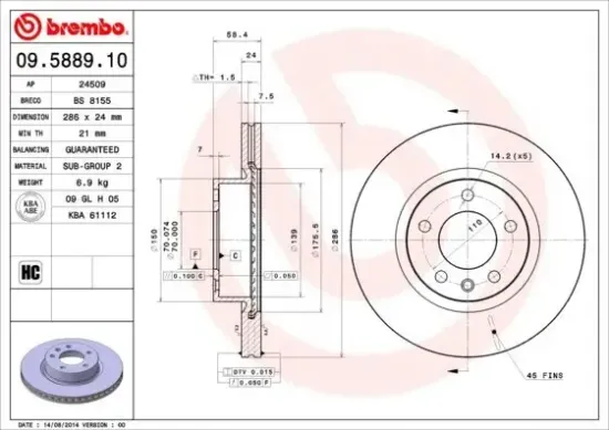 Bremsscheibe Vorderachse BREMBO 09.5889.10 Bild Bremsscheibe Vorderachse BREMBO 09.5889.10