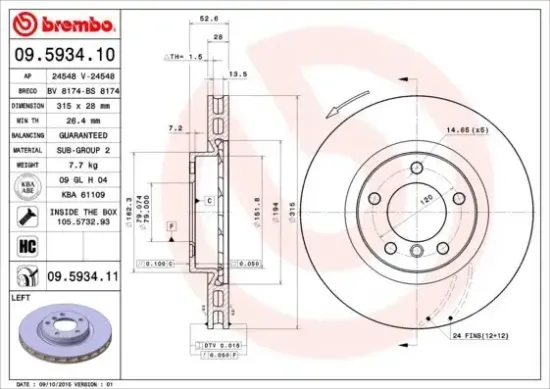 Bremsscheibe Vorderachse Vorderachse links BREMBO 09.5934.11 Bild Bremsscheibe Vorderachse Vorderachse links BREMBO 09.5934.11