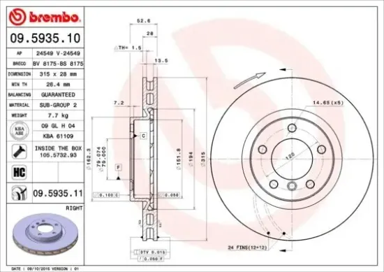 Bremsscheibe Vorderachse Vorderachse rechts BREMBO 09.5935.11 Bild Bremsscheibe Vorderachse Vorderachse rechts BREMBO 09.5935.11
