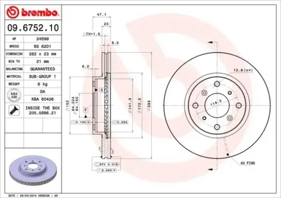 Bremsscheibe Vorderachse BREMBO 09.6752.10 Bild Bremsscheibe Vorderachse BREMBO 09.6752.10