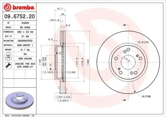 Bremsscheibe Vorderachse BREMBO 09.6752.20 Bild Bremsscheibe Vorderachse BREMBO 09.6752.20