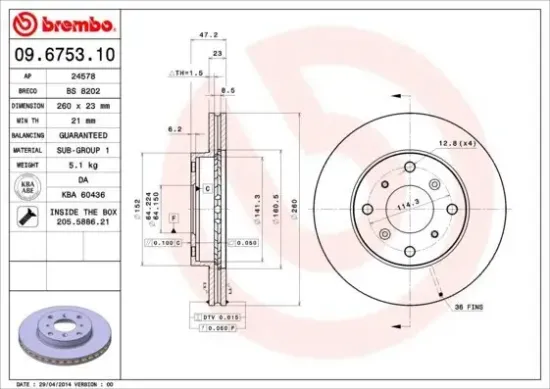 Bremsscheibe Vorderachse BREMBO 09.6753.10 Bild Bremsscheibe Vorderachse BREMBO 09.6753.10