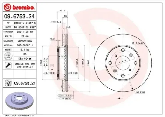 Bremsscheibe Vorderachse BREMBO 09.6753.21 Bild Bremsscheibe Vorderachse BREMBO 09.6753.21