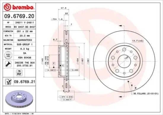 Bremsscheibe Hinterachse BREMBO 09.6769.21 Bild Bremsscheibe Hinterachse BREMBO 09.6769.21