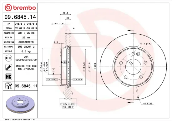 Bremsscheibe Vorderachse BREMBO 09.6845.11 Bild Bremsscheibe Vorderachse BREMBO 09.6845.11