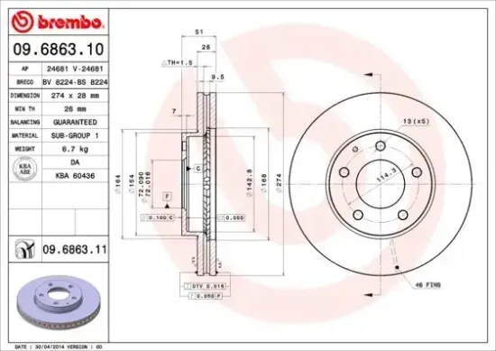 Bremsscheibe Vorderachse BREMBO 09.6863.11 Bild Bremsscheibe Vorderachse BREMBO 09.6863.11