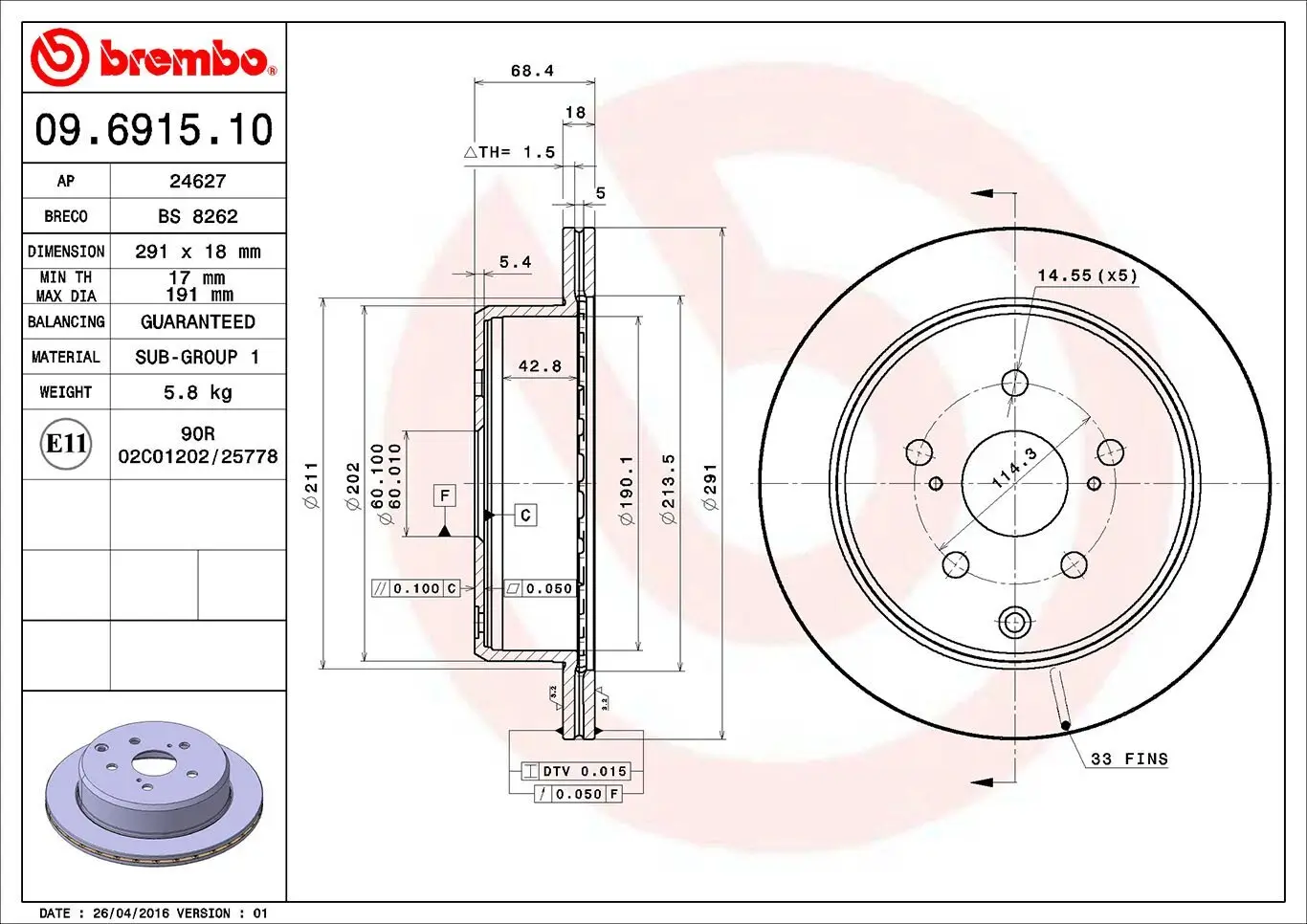 Bremsscheibe Hinterachse BREMBO 09.6915.10