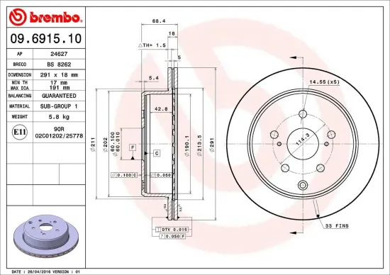 Bremsscheibe Hinterachse BREMBO 09.6915.10 Bild Bremsscheibe Hinterachse BREMBO 09.6915.10