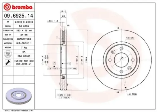 Bremsscheibe Vorderachse BREMBO 09.6925.14 Bild Bremsscheibe Vorderachse BREMBO 09.6925.14