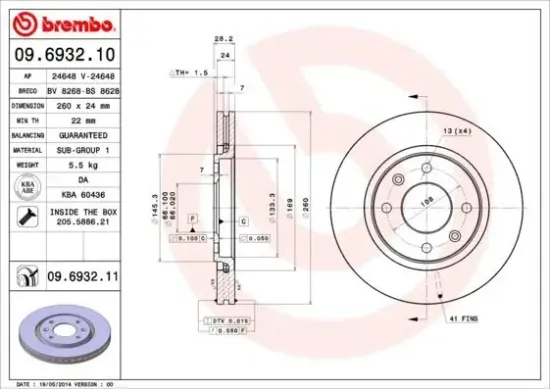 Bremsscheibe Vorderachse BREMBO 09.6932.11 Bild Bremsscheibe Vorderachse BREMBO 09.6932.11