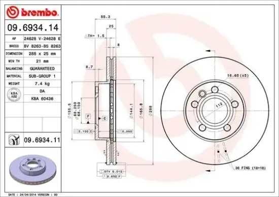 Bremsscheibe Vorderachse BREMBO 09.6934.11 Bild Bremsscheibe Vorderachse BREMBO 09.6934.11