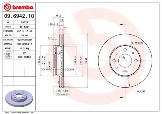 Bremsscheibe Vorderachse BREMBO 09.6942.10 Bild Bremsscheibe Vorderachse BREMBO 09.6942.10