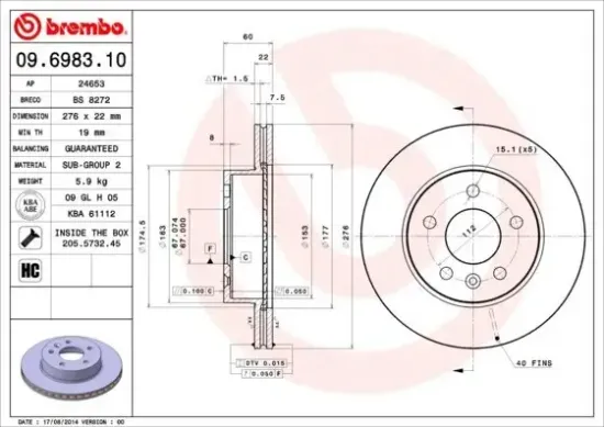 Bremsscheibe Vorderachse BREMBO 09.6983.10 Bild Bremsscheibe Vorderachse BREMBO 09.6983.10