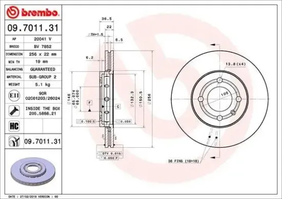 Bremsscheibe Vorderachse BREMBO 09.7011.31 Bild Bremsscheibe Vorderachse BREMBO 09.7011.31