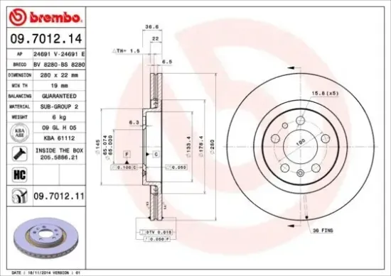 Bremsscheibe Vorderachse BREMBO 09.7012.11 Bild Bremsscheibe Vorderachse BREMBO 09.7012.11