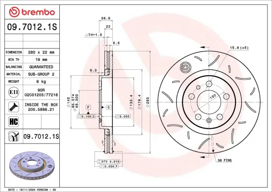 Bremsscheibe Vorderachse BREMBO 09.7012.1S Bild Bremsscheibe Vorderachse BREMBO 09.7012.1S