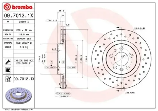 Bremsscheibe Vorderachse BREMBO 09.7012.1X Bild Bremsscheibe Vorderachse BREMBO 09.7012.1X