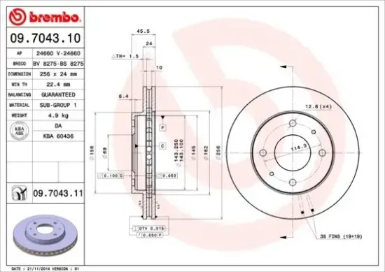 Bremsscheibe Vorderachse BREMBO 09.7043.11 Bild Bremsscheibe Vorderachse BREMBO 09.7043.11