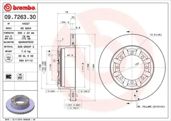 Bremsscheibe BREMBO 09.7263.30 Bild Bremsscheibe BREMBO 09.7263.30