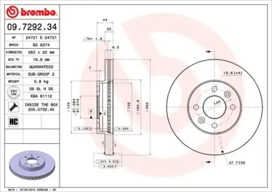 Bremsscheibe Vorderachse BREMBO 09.7292.34 Bild Bremsscheibe Vorderachse BREMBO 09.7292.34
