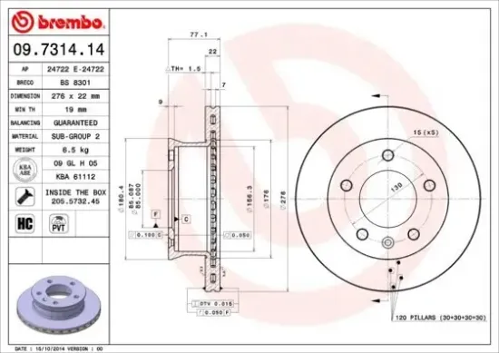 Bremsscheibe Vorderachse BREMBO 09.7314.14 Bild Bremsscheibe Vorderachse BREMBO 09.7314.14