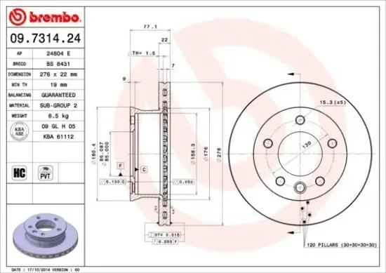 Bremsscheibe Vorderachse BREMBO 09.7314.24 Bild Bremsscheibe Vorderachse BREMBO 09.7314.24
