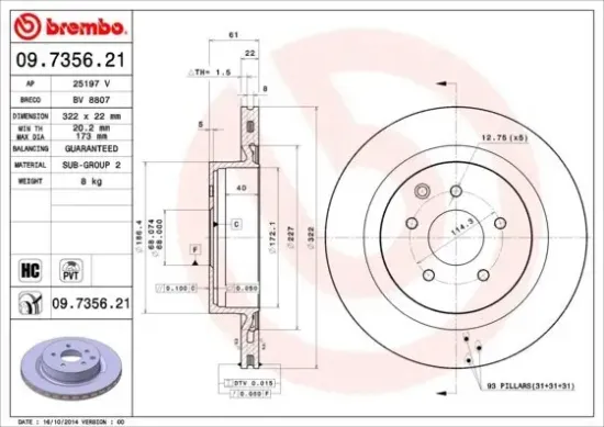 Bremsscheibe Hinterachse BREMBO 09.7356.21 Bild Bremsscheibe Hinterachse BREMBO 09.7356.21