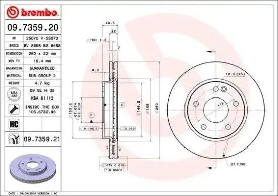 Bremsscheibe Vorderachse BREMBO 09.7359.21 Bild Bremsscheibe Vorderachse BREMBO 09.7359.21