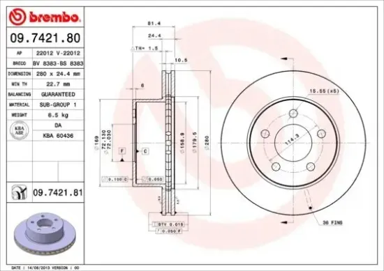 Bremsscheibe Vorderachse BREMBO 09.7421.81 Bild Bremsscheibe Vorderachse BREMBO 09.7421.81