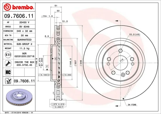 Bremsscheibe Vorderachse BREMBO 09.7606.11 Bild Bremsscheibe Vorderachse BREMBO 09.7606.11