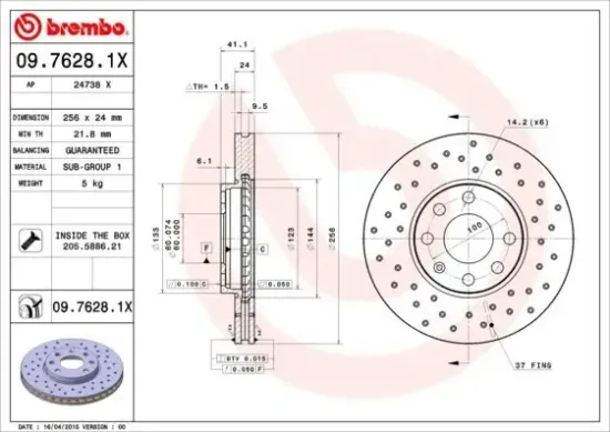 Bremsscheibe Vorderachse BREMBO 09.7628.1X Bild Bremsscheibe Vorderachse BREMBO 09.7628.1X