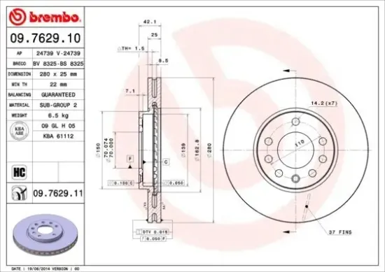 Bremsscheibe Vorderachse BREMBO 09.7629.11 Bild Bremsscheibe Vorderachse BREMBO 09.7629.11