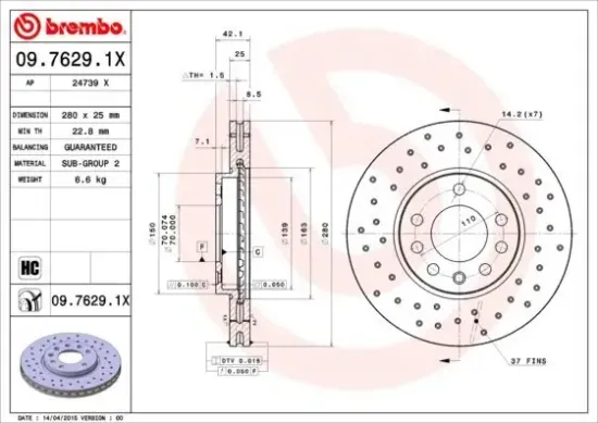 Bremsscheibe Vorderachse BREMBO 09.7629.1X Bild Bremsscheibe Vorderachse BREMBO 09.7629.1X