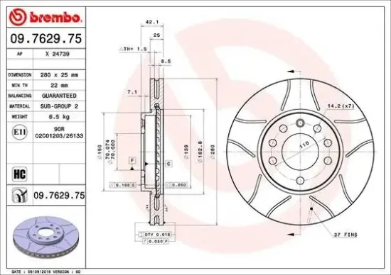 Bremsscheibe Vorderachse BREMBO 09.7629.75 Bild Bremsscheibe Vorderachse BREMBO 09.7629.75