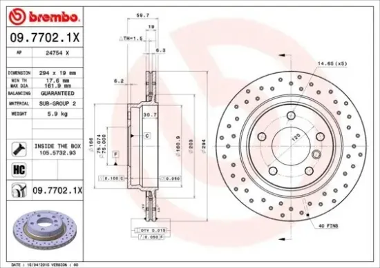 Bremsscheibe Hinterachse BREMBO 09.7702.1X Bild Bremsscheibe Hinterachse BREMBO 09.7702.1X