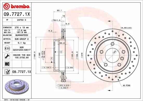 Bremsscheibe Hinterachse BREMBO 09.7727.1X Bild Bremsscheibe Hinterachse BREMBO 09.7727.1X