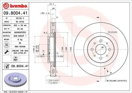 Bremsscheibe Vorderachse BREMBO 09.8004.41 Bild Bremsscheibe Vorderachse BREMBO 09.8004.41