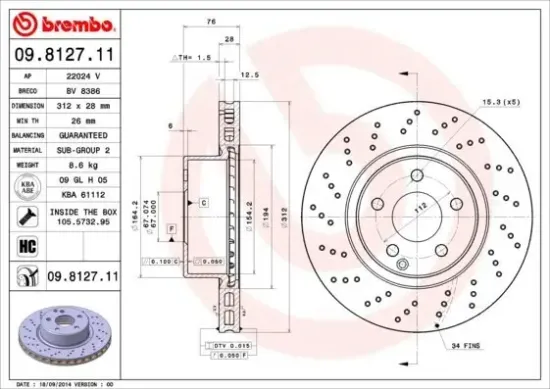 Bremsscheibe Vorderachse BREMBO 09.8127.11 Bild Bremsscheibe Vorderachse BREMBO 09.8127.11