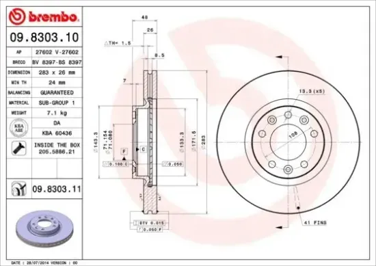 Bremsscheibe Vorderachse BREMBO 09.8303.11 Bild Bremsscheibe Vorderachse BREMBO 09.8303.11