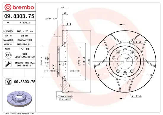 Bremsscheibe Vorderachse BREMBO 09.8303.75 Bild Bremsscheibe Vorderachse BREMBO 09.8303.75