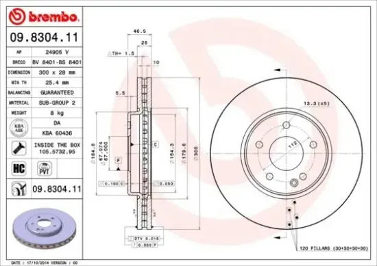 Bremsscheibe Vorderachse BREMBO 09.8304.11 Bild Bremsscheibe Vorderachse BREMBO 09.8304.11