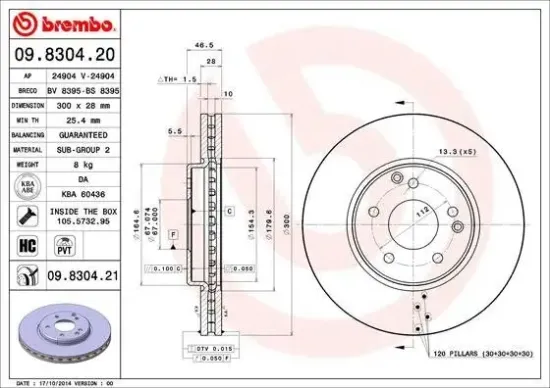 Bremsscheibe Vorderachse BREMBO 09.8304.21 Bild Bremsscheibe Vorderachse BREMBO 09.8304.21