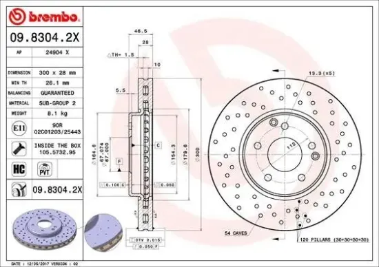 Bremsscheibe Vorderachse BREMBO 09.8304.2X Bild Bremsscheibe Vorderachse BREMBO 09.8304.2X