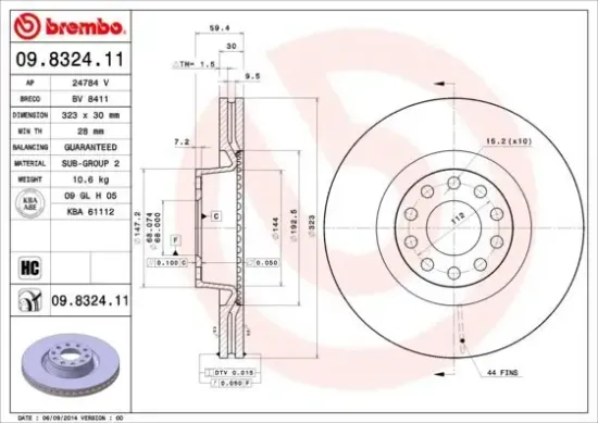 Bremsscheibe Vorderachse BREMBO 09.8324.11 Bild Bremsscheibe Vorderachse BREMBO 09.8324.11