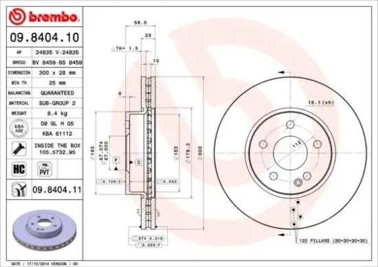 Bremsscheibe Vorderachse BREMBO 09.8404.11 Bild Bremsscheibe Vorderachse BREMBO 09.8404.11